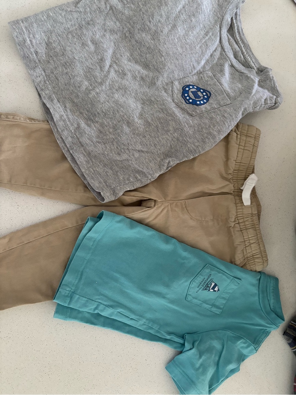 Vineyard Vines Kids Tan Shorts with Gray & Teal Tees